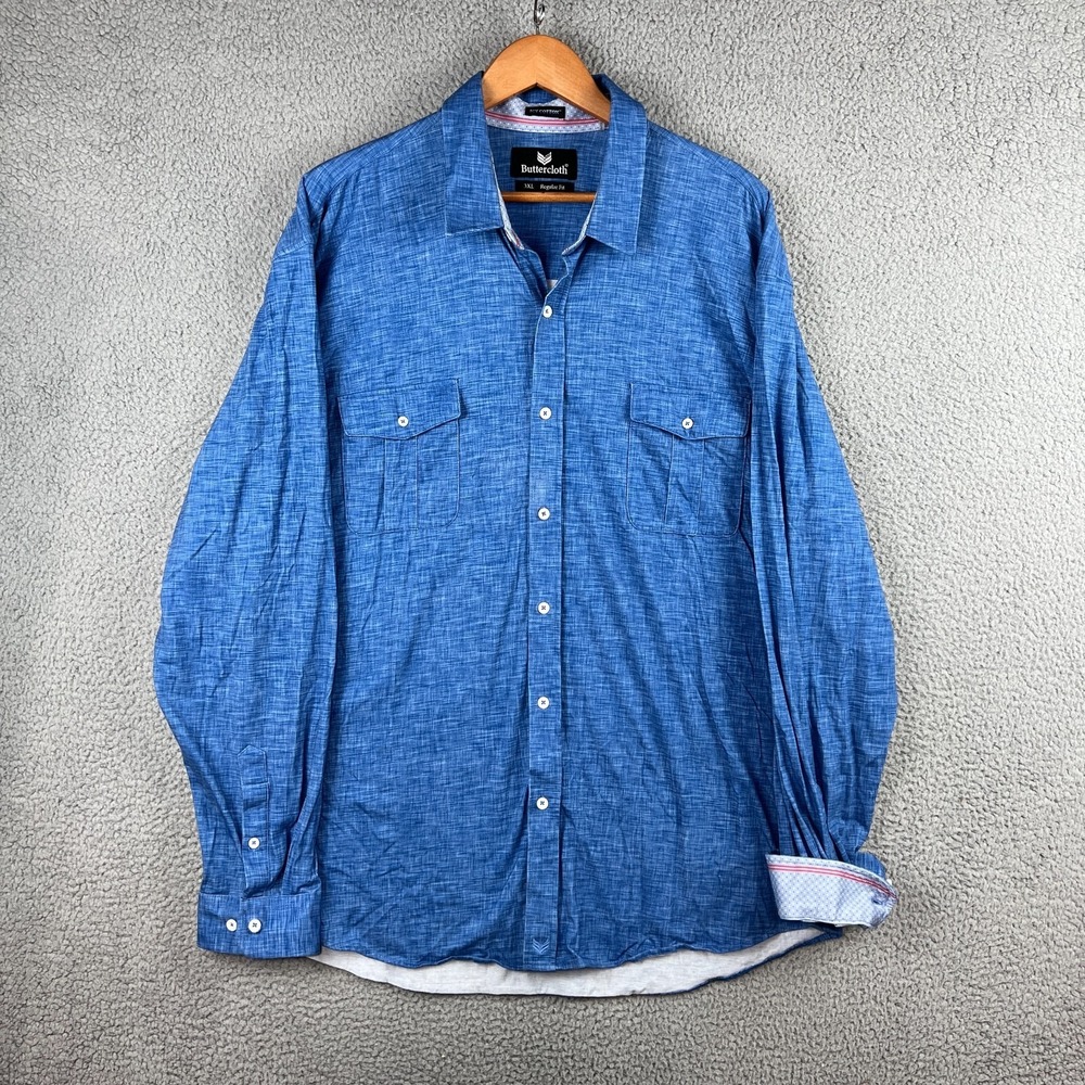 Buttercloth Mens Shirt Button Up Long Sleeve Heather Blue Icy Cotton 3XL Regular